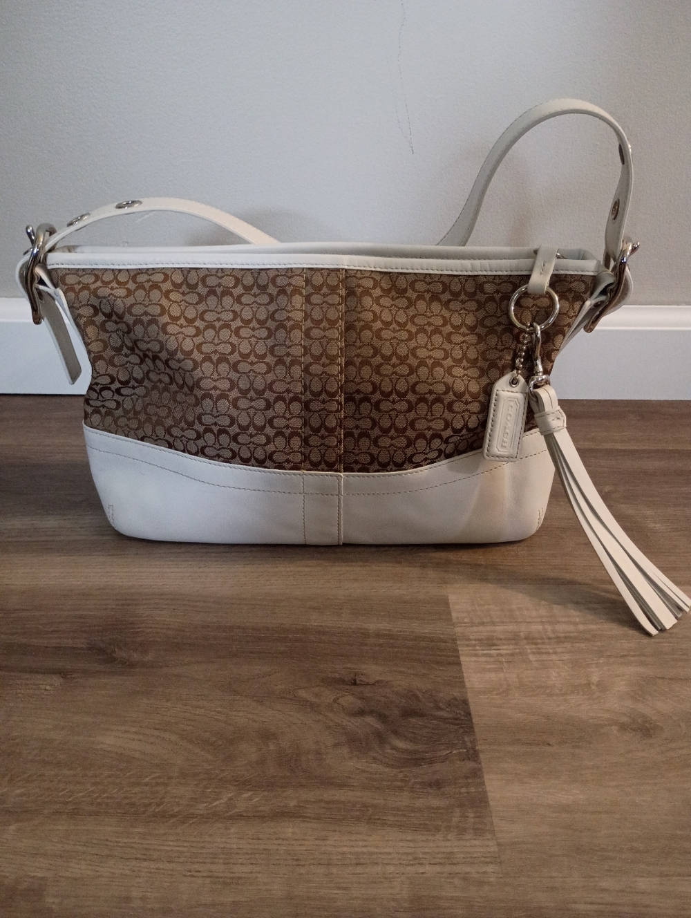 Coach Vintage Y2K Classic White Brown‎ Leather Canvas Monogram Hobo Shoulder Bag